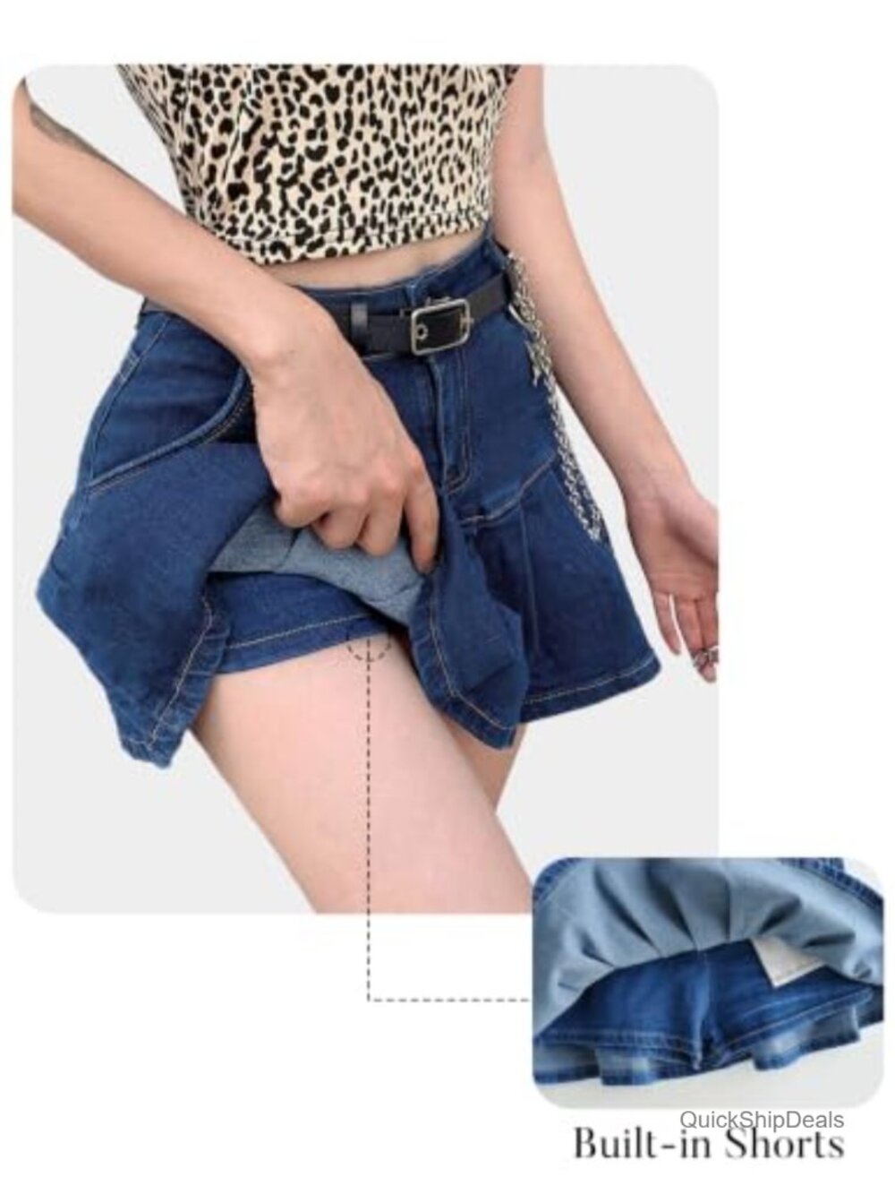 Denim Skort Mini Skirt with Built-in Shorts Ruffle Pleated Y2K A-Line Jean Skirt - Picture 3 of 6